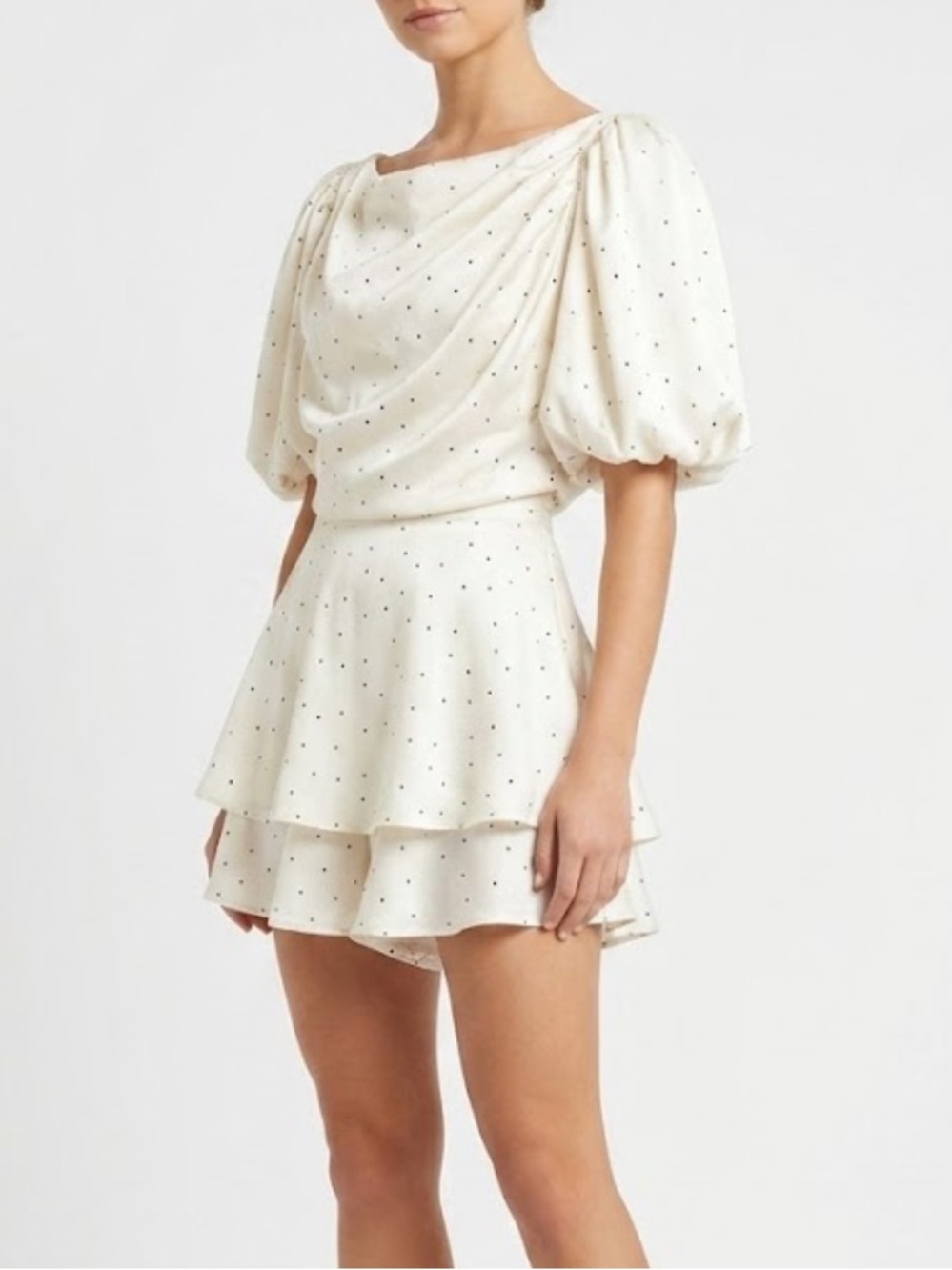 HYFVE  shorts, dress Ivory Polka Dot Draped Puff-Sleeve Mini Dress